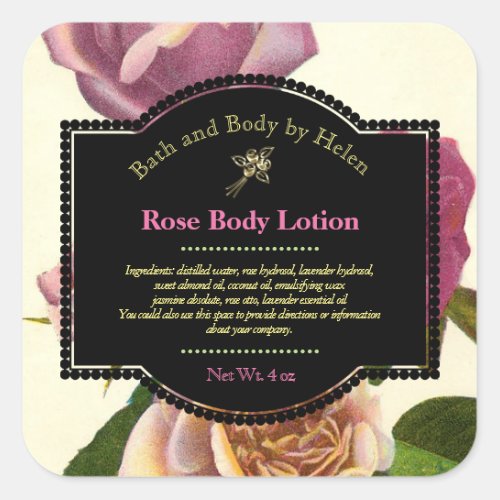 Rose Themed Bath Products Label with Ingredients