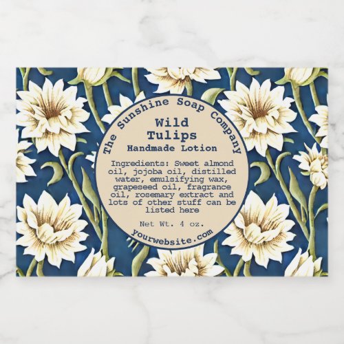 Waterproof blue and cream floral cosmetics label