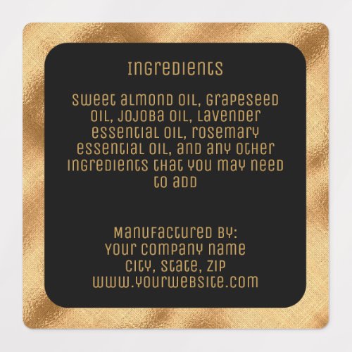 waterproof ingredients label - black gold square