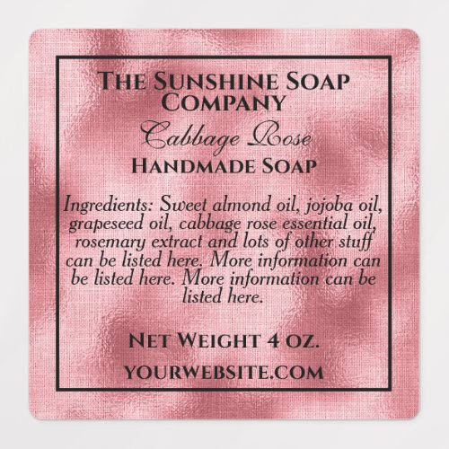 Waterproof pink foil and black text soap cosmetics labels