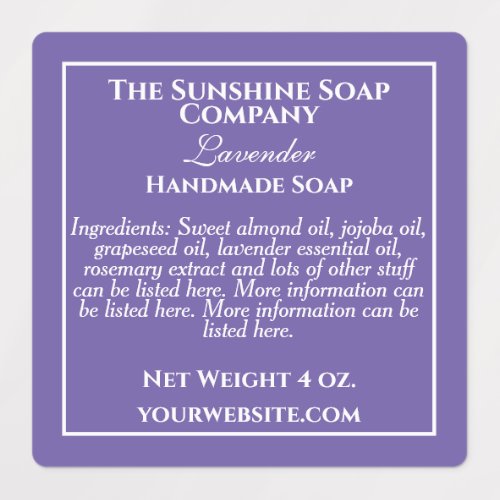 Waterproof purple and white soap ingredients labels