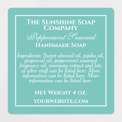 Waterproof teal and white soap label with space for your ingredients