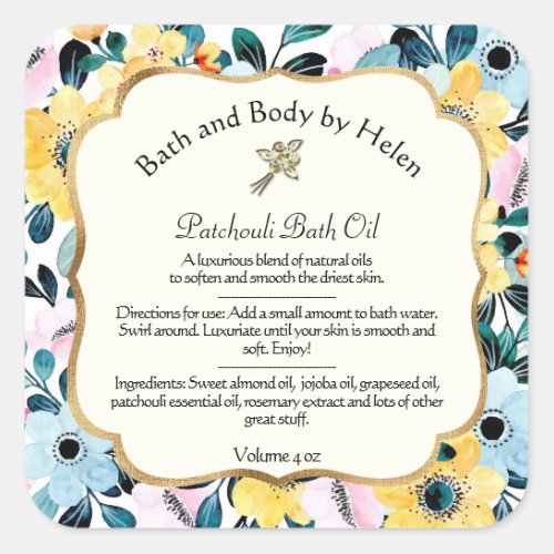 Yellow and Blue Floral Cosmetics Label with Ingredients
